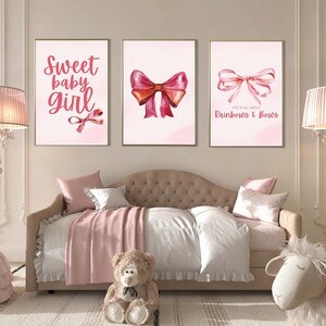Baby Girl Print, Girls Nursery Print, Girls Wall Art, Girls Room, Girls Bedroom Decor, Pink Bow Print, Hair Bow Wall Art, Nursery Print Set