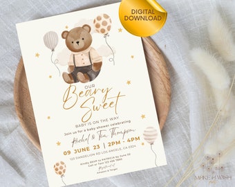 Editable Teddy Bear Baby Shower Invitation | Boho Baby Shower Invitation | We can Bearly Wait | A Beary Sweet Baby | INSTANT Download