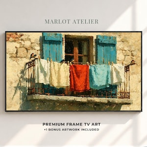 Mediterranean Balcony Frame TV Art, Samsung Frame TV Art, Vintage Blue Shutters Painting, Laundry Line Wall Decor, UHD 16:9 Digital Download