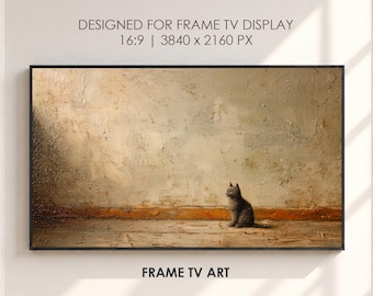 Cat Frame TV Art, Samsung TV Minimalist Wall Art, Black Cat Neutral Painting, Vintage 4K UHD 16:9 Digital Download