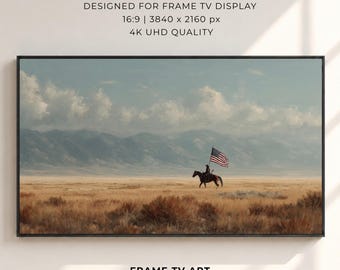 Western Americana frame tv-kunst, cowboy met Amerikaanse vlag Samsung Frame tv-kunst, rustiek patriottisch landschap, 16:9 digitale download