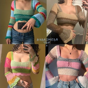 May include: Four different crochet tops with long sleeves and bell bottoms. The tops are made in a variety of colors, including pink, blue, green, and brown. The tops are all cropped and have a square neckline. The text "ANDROMEDA TOP X" is visible in the image.