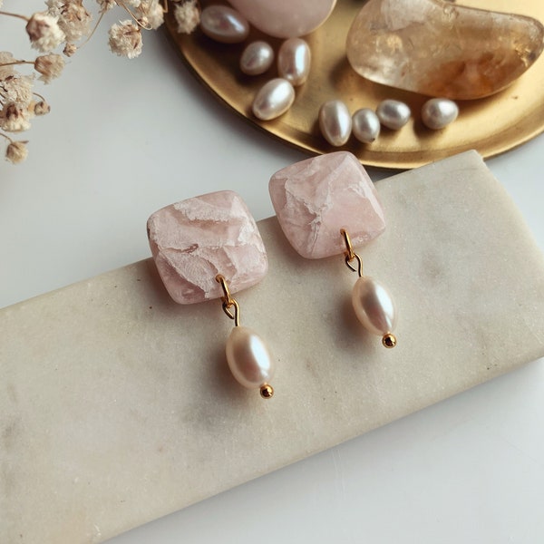 Stone Lady - Handmade Polymer Clay Earrings - Vintage Earrings - Freshwater Pearls - Hypoallergenic Earrings