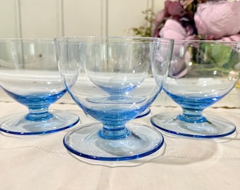 Vintage Blue Dessert Glasses Set of 4 | Mid Century Dessert Bowls | Clear & Blue Stemware | 1950s 1960s Glassware | Ice Cream Cups