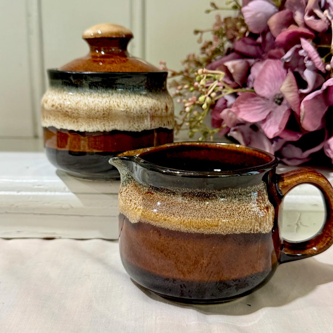 Vintage Korean Stoneware Sugar Bowl & Creamer Set – Earthy Brown Drip ...