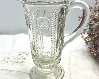 Crown Crystal Owl and Feather pattern small depression pressed glass jug