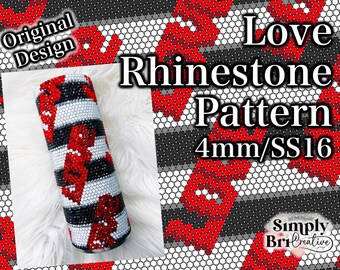 May include: A cylindrical tumbler covered in a dense pattern of 4mm SS16 rhinestones arranged in horizontal stripes of black, white, and red. The design features red shapes resembling lightning bolts or abstract figures against the striped background.