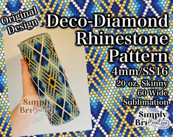 May include: A 20 oz. skinny tumbler covered in a deco-diamond rhinestone pattern featuring blue, gold, and white crystals. The text on the image reads: Original Design, Deco-Diamond Rhinestone Pattern, 4mm/SS16, 20 oz. Skinny, 60 Wide Sublimation, Simply BriCreative.