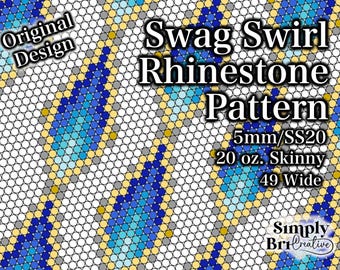 May include: A digital pattern for a rhinestone design featuring a swirl pattern in shades of blue, yellow, and gray. The pattern is labeled "Swag Swirl Rhinestone Pattern" and includes the details "5mm/SS20, 20 oz. Skinny, 49 Wide".
