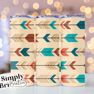 May include: Three beige insulated tumblers with a repeating arrow pattern in teal, orange, and brown. The tumblers have a silver lid and are decorated with a geometric design. The logo "Simply Bri Creative" is visible on the bottom left.