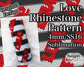 May include: A cylindrical tumbler covered in a rhinestone pattern featuring horizontal stripes of black, white, and red. The design includes red heart-shaped motifs scattered across the surface. The text on the image reads Love Rhinestone Pattern 4mm/SS16 Sublimation and Simply BriCreative.