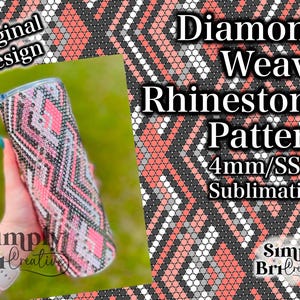 Puede incluir: Un vaso cilíndrico cubierto con un patrón de diamantes de imitación en tejido de diamante con colores rosa, negro y blanco. El diseño incluye el texto Original Design, Diamond Weave Rhinestone Pattern 4mm/SS16 Sublimation y Simply BriCreative.