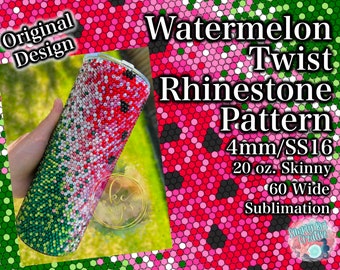 Könnte beinhalten: Ein 20 oz. Skinny-Becher, bedeckt mit einem Strass-Muster im Wassermelonen-Design mit roten, grünen, weißen und schwarzen Kristallen. Der Text auf dem Bild lautet: Original Design, Watermelon Twist Rhinestone Pattern, 4mm/SS16, 20 oz. Skinny, 60 Wide Sublimation, Simply Bri Creative.