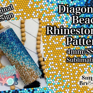 May include: A cylindrical tumbler covered in a blue, turquoise, and gold rhinestone pattern with a gradient effect. The text reads Original Design, Diagonal Beach Rhinestone Pattern 4mm/SS16 Sublimation, and Simply Bri Creative.