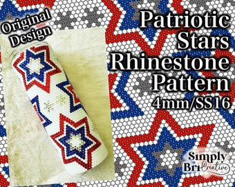 May include: A cylindrical tumbler covered in a patriotic star rhinestone pattern featuring red, white, and blue crystals. The design includes the text Original Design, Patriotic Stars Rhinestone Pattern 4mm/SS16, and Simply BriCreative.