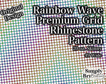 May include: A digital design featuring a rainbow wave pattern of rhinestones. The design includes the text "Rainbow Wave Premium Grid Rhinestone Pattern", "20 oz. Skinny", and "49 Wide". The design also includes the text "Original Design" and the Simply BriCreative logo.