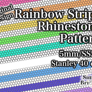 May include: Rainbow stripe rhinestone pattern for a craft project. The pattern is made up of small circles in different colors, including pink, orange, yellow, green, blue, and purple. The pattern is labeled "5mm/SS20 Stanley 40 oz."