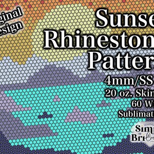 Puede incluir: Un diseño gráfico digital con un patrón de pedrería de atardecer con una cuadrícula de pequeños círculos en tonos naranja, amarillo, azul claro y morado oscuro. El texto dice: Original Design, Sunset Rhinestone Pattern, 4mm/SS16, 20 oz. Skinny, 60 Wide, Sublimation, Simply BriCreative.