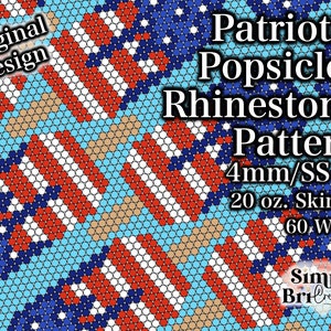 May include: A digital pattern for creating patriotic popsicle-shaped designs using 4mm rhinestones. The pattern is for a 20 ounce skinny, 60 inch wide project. The design features red, white, and blue colors.