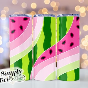 May include: Three stainless steel tumblers with a watermelon design. The tumblers have pink, green, and white stripes with black watermelon seeds.