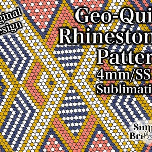 Puede incluir: Un diseño Geo-Quilt Rhinestone Pattern 4mm/SS16 Sublimation con una disposición geométrica de pequeños círculos en blanco, amarillo, azul oscuro y coral. El texto Original Design, Geo-Quilt Rhinestone Pattern 4mm/SS16 Sublimation y Simply BriCreative es visible.