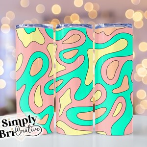 May include: Three stainless steel tumblers with a colorful abstract design. The design features swirls of pink, yellow, and turquoise.