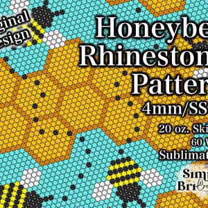 May include: A digital design featuring a honeybee rhinestone pattern with a honeycomb design in shades of yellow and brown, set against a light blue background. The design includes the text "Honeybee Rhinestone Pattern 4mm/SS16 20 oz. Skinny 60 Wide Sublimation".