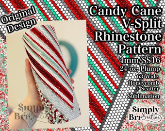 Candy Cane V Split Sublimation Strassmuster | 24 Unzen Plump | 63 Steine Breit | SS16 / 4 mm Steingröße | Becher Dekor Original Design