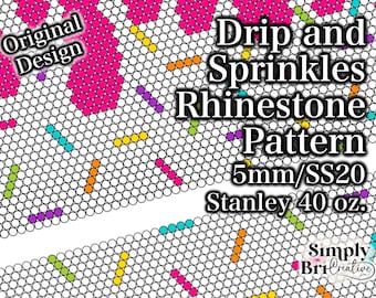 May include: A digital pattern for a rhinestone design featuring a pink heart with colorful sprinkles. The pattern is for 5mm rhinestones and is designed for a Stanley 40 oz. tumbler. The text "Drip and Sprinkles Rhinestone Pattern 5mm/SS20 Stanley 40 oz. Simply BriCreative" is included in the image.