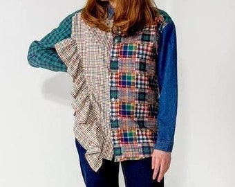Handmade upcycled shirt with flounce | one-of-a-kind bright design | repurposed materials