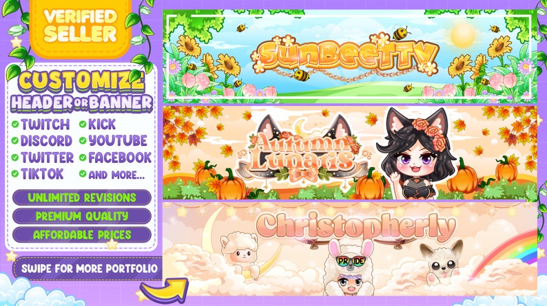 Custom Chibi Cute Banner or Header for Social Media / Twitch Banner / Youtube Banner / Discord Banner / Kick Banner image 9