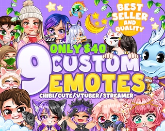 May include: A colorful illustration of nine custom emotes for Twitch or YouTube. The emotes are in a variety of styles, including chibi, cute, and VTuber. The text "ONLY $40 CUSTOM EMOTES CHIBI/CUTE/VTUBER/STREAMER" is displayed on the image.
