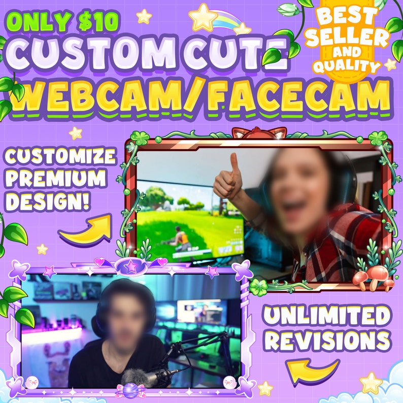 Custom Animated Facecam Overlay / Webcam Overlay in Cute Style or Cartoon for your Twitch, Kick, Youtube or Live Streaming image 1