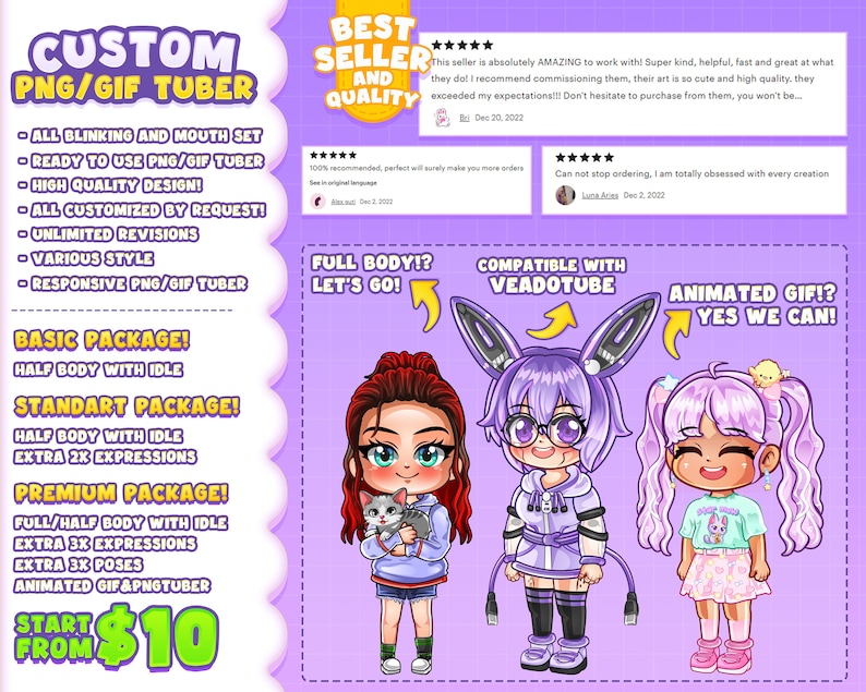 Pu&ograve; includere: Un'illustrazione digitale di tre personaggi dei cartoni animati, ognuno con capelli e abiti di colori diversi. I personaggi sono etichettati con testo che dice "Full Body!? Let's Go!" "Compatibile con Veadotube" e "Animated Gif!? Yes We Can!" Il testo "Custom PNG/GIF Tuber" &egrave; nella parte superiore dell'immagine. Il testo "Start From 10&euro;" &egrave; nella parte inferiore dell'immagine.
