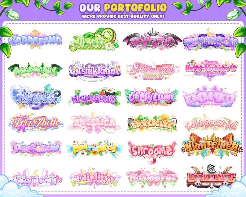 May include: A collection of colourful, stylised text designs featuring various names, including Goddesshq, Niana, Valkyrie, Blueberry_HC, Asadagrill, Itsnikkinn, Akimeran, HabitchubblesTV, Tygramas, Nightsuhii, OhMyLumi, Emmiku, Fritz Abeth, Angelica, Spyciclee, Cubbycxxpid, Postellow, Boobirds, Shroome, Nightfirer, Kawaiibunni, Tofiality, Taruoakez, and Korkainne.