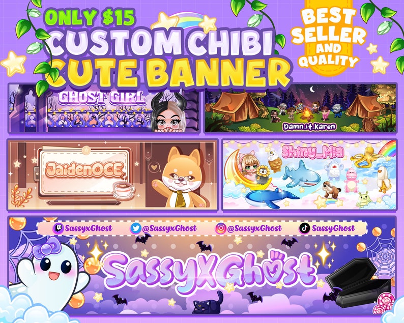 Custom Chibi Cute Banner or Header for Social Media / Twitch Banner / Youtube Banner / Discord Banner / Kick Banner image 1