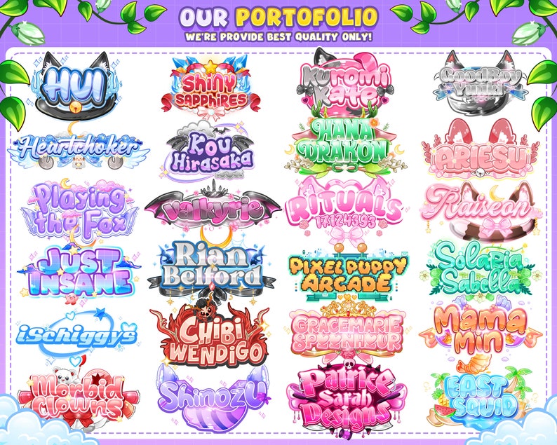 May include: A collection of 20 colourful, cartoon-style logos with various names and designs. The logos are set against a white background with a purple border and a green vine with white flowers.