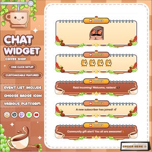 May include: A digital chat widget overlay for streaming featuring a coffee shop theme with brown tones. It includes five rectangular message boxes with coffee bean and leaf accents, displaying text like Raid incoming, A new subscriber has joined.