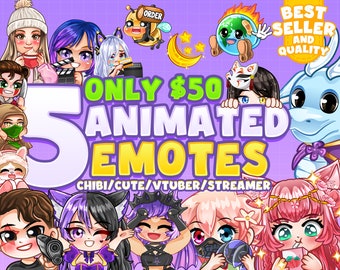 May include: A promotional graphic for animated emotes, featuring cartoon characters and the text "ONLY $50 5 ANIMATED EMOTES". The design includes the words "CHIBI/CUTE/VTUBER/STREAMER" and "BEST SELLER AND QUALITY". The background is a light purple.