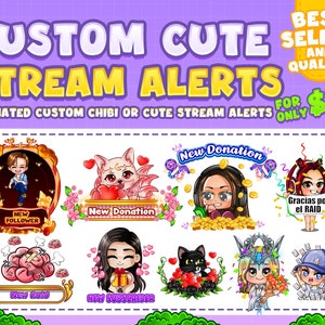 Custom Animated Chibi Cute Stream Alerts for Twitch, Youtube, Streaming | Cute Stream Alerts | Vtuber Stream Alerts