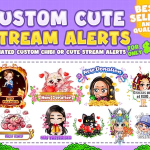 Custom Animated Chibi Cute Stream Alerts for Twitch, Youtube, Streaming | Cute Stream Alerts | Vtuber Stream Alerts