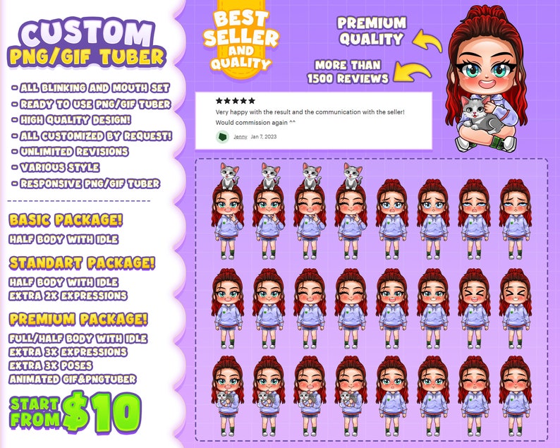 Pu&ograve; includere: Servizio di creazione di avatar personalizzati PNG e GIF tuber con diverse opzioni di pacchetto. L'immagine mostra una ragazza dei cartoni animati con i capelli rossi e un gatto, con diverse espressioni e pose. Il testo "Inizia da 10 &euro;" &egrave; visibile.