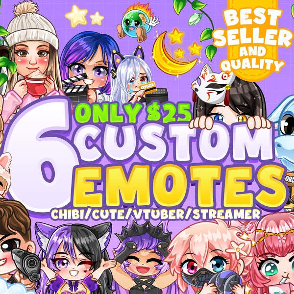 6x Custom Emotes, Emojis, Sub Emotes for Twitch, Youtube, Disocrd or Facebook / Cute Emotes / Chibi Emotes / Anime Emotes / Stream Emotes