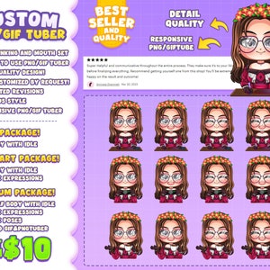 Pu&ograve; includere: Servizio di creazione di avatar personalizzati PNG e GIF tuber con diverse opzioni di pacchetto. L'immagine mostra un personaggio dei cartoni animati con una corona di fiori e occhiali, seduto a una scrivania con un computer. Il testo "Inizia da $10" &egrave; visibile.