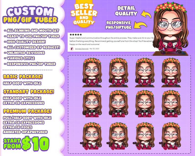 Pu&ograve; includere: Servizio di creazione di avatar personalizzati PNG e GIF tuber con diverse opzioni di pacchetto. L'immagine mostra un personaggio dei cartoni animati con una corona di fiori e occhiali, seduto a una scrivania con un computer. Il testo "Inizia da $10" &egrave; visibile.