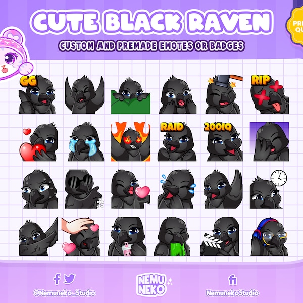 24x niedliche Black Raven Emotes / Black Crow Emotes für deine Twitch, Youtube, Discord / Facebook