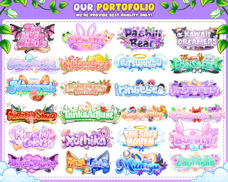 May include: A collection of 20 colourful, illustrated logos with various themes, including animals, nature, and fantasy. The logos are designed in a cartoon style with bright colours and playful fonts. The text "OUR PORTOFOLIO" is at the top of the image, and the text "WE'RE PROVIDE BEST QUALITY ONLY!" is below it.