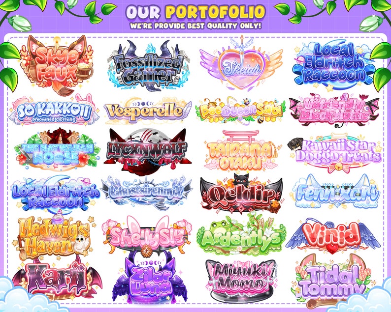 May include: A collection of 20 colourful, illustrated logos with various themes, including animals, nature, and fantasy. The logos are designed in a cartoon style with bright colours and whimsical details.