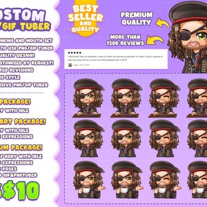 Pu&ograve; includere: Servizio di creazione di avatar PNG/GIF tuber personalizzati con diverse opzioni di pacchetto. L'immagine mostra un personaggio di pirata dei cartoni animati con una variet&agrave; di espressioni e pose. Il testo "Inizia da 10 &euro;" &egrave; visibile.