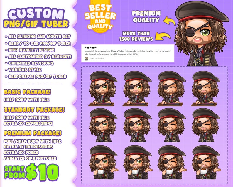 Pu&ograve; includere: Servizio di creazione di avatar PNG/GIF tuber personalizzati con diverse opzioni di pacchetto. L'immagine mostra un personaggio di pirata dei cartoni animati con una variet&agrave; di espressioni e pose. Il testo "Inizia da 10 &euro;" &egrave; visibile.